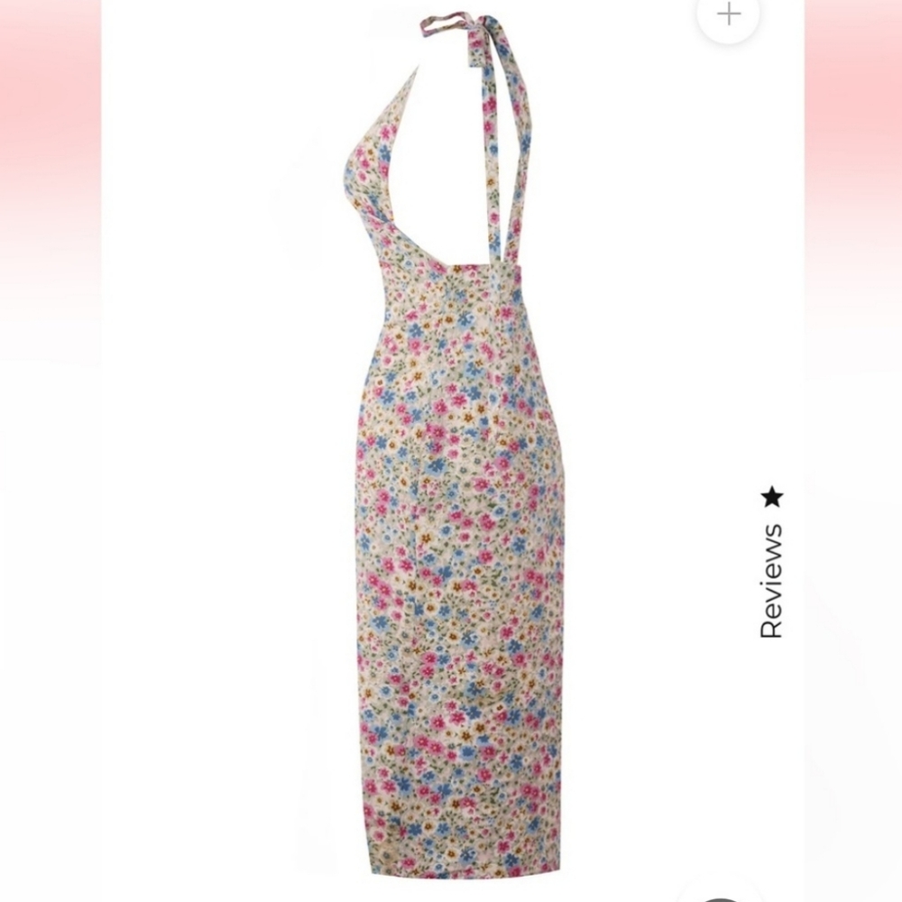 Adeirlina Pink Blue Floral Midi Dress Side Slit Small - Picture 5 of 11